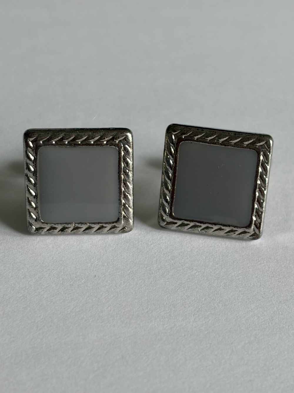 Men’s Silver Tone Cufflinks Square Rope Design Light Gray Inlay Classic Formal